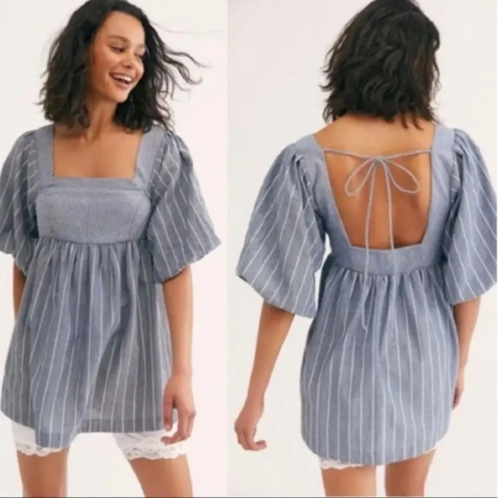 Free People Womens XL Gigi Puff Sleeve Tunic Dress Striped Minimalist Coastal